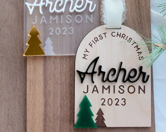 Personalized Child's First Christmas Ornament | Custom Wood or Frosted Acrylic Arch | Baby's First Xmas