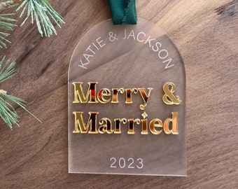 Customized Merry and Married Glass Keepsake Ornament | Mr. and Mrs. First Last name | Simple  2023 Together | Modern Holiday Decor