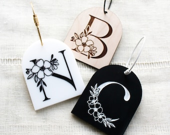 Floral Letter Personalized Luggage Tags | Diaper Bag Name Tag | Engraved Travel Gift for Weddings & Engagements | Custom Baby Name ID