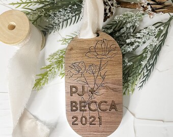 Personalized Wood Engagement Ornament | Floral Newly Engaged Gift