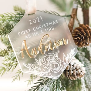 Floral First Christmas Together Ornament 2023 | Personalized Rose Gold First Married Peony Rose Ornament | First MR. and MRS. Acrylic