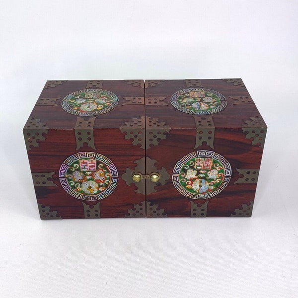 Asian Korean Handmade Mother of Pearl Inlay Lacquer Jewelry Box Fold Out Brass Accents Butterflies