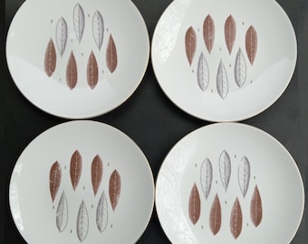 Susie Cooper Dinner Plates VTG 1959  Hyde Park Pattern Bone China England MCM Abstract Leaves Pattern C-912 Rare Set of 4 * 10.25" Diameter