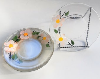 MCM VTG Clear Glass Plates 6 1/8" Hand Painted Set of 6  Floral Pink Peach Apple Blossom Design is probably by Gay Fad Studios Desert Plates