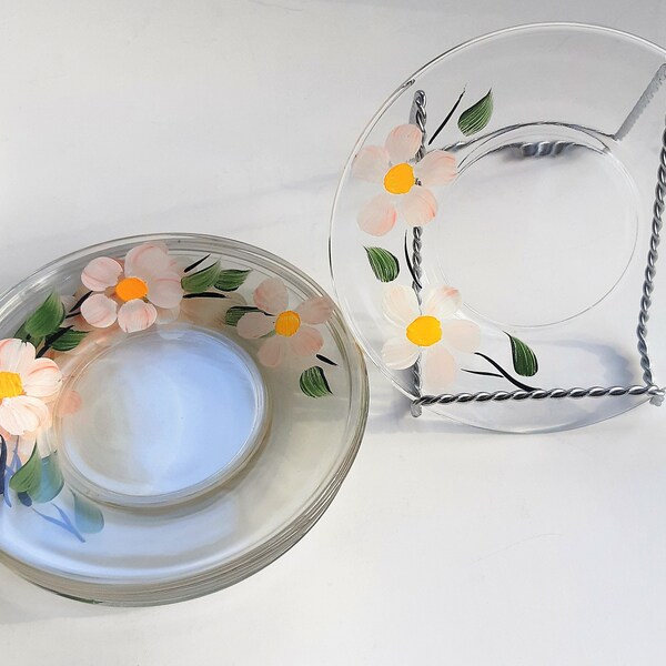 MCM VTG Clear Glass Plates 6 1/8" Hand Painted Set of 6  Floral Pink Peach Apple Blossom Design is probably by Gay Fad Studios Desert Plates