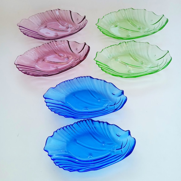 VTG Appetizer Dishes Colored Glass Art Deco Fish Dolphin Shape Czechoslovakia Rare Set of 6 Harlequin Multicolor Amethyst Green Cobalt-Blue