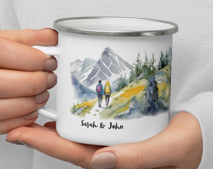 Custom Personalized Enamel Mug for Couples - Watercolor Hiking Scene - Perfect for Engagement, Anniversary & Outdoors Lovers