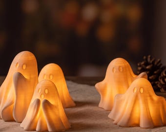 Set van 5 LED-spookjes in de vorm van theelichtjes | 3D-printbare Halloween-lantaarns (digitale download)