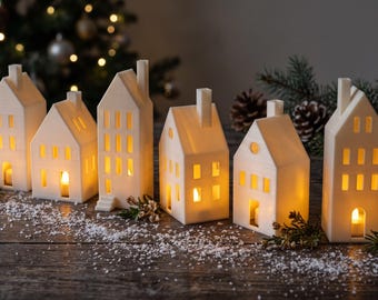 Minimalistische Scandinavische kerstdorpjes met huisjes en LED-theelichtjes (digitale download)