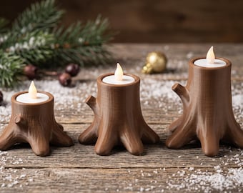 Scandinavische theelichthouders in de vorm van een boomstronk, 3D-printbare STL-bestanden (set van 3)