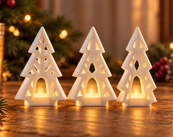 Moderne kerstboomlantaarns | Geometrische LED-theelichthouders (set van 3 STL-bestanden)