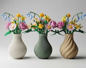 3D Printed LEGO Flower Vase Set of 3 STL, Ribbed Modern Vase, Spiral Vase Mode, LEGO Botanicals Holder, Minimalist Home Decor