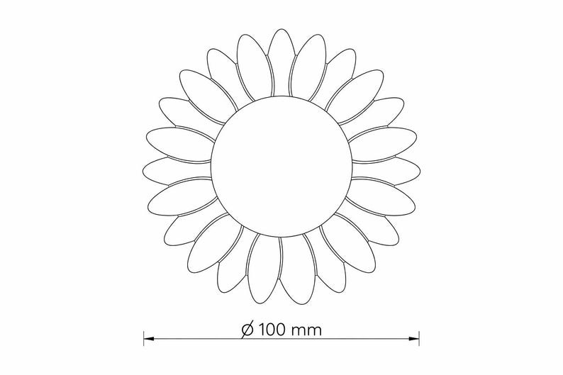 May include: Line drawing of a sunflower with a central circle and petal-like shapes around it. The diameter is 100 mm, or approximately 3.9 inches. The image is a simple black and white illustration.