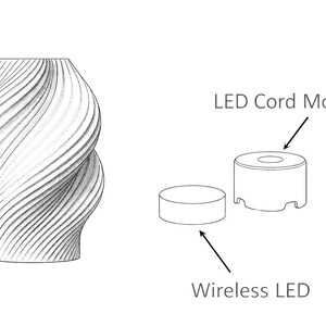 Op de afbeelding: Zwart-wit illustratie van een vaas met een spiraalvormig ontwerp en een getextureerd oppervlak. Daarnaast een "LED Cord Module" en een "Wireless LED". Het ontwerp is minimalistisch.