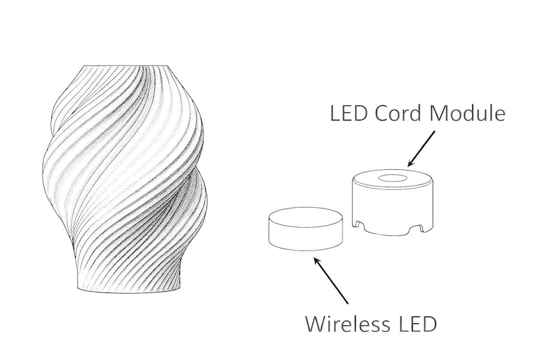 Op de afbeelding: Zwart-wit illustratie van een vaas met een spiraalvormig ontwerp en een getextureerd oppervlak. Daarnaast een "LED Cord Module" en een "Wireless LED". Het ontwerp is minimalistisch.