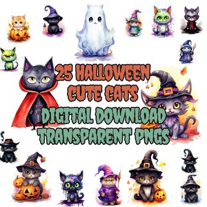 Halloween Watercolor Clipart Bundle: Spooky Cats, Pumpkins, Ghosts - PNG Set 300 DPI