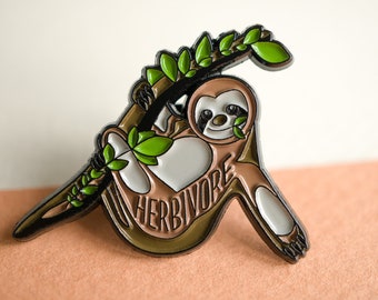 Hard Enamel Pin - Sloth Herbivore: Vegan & Plant Powered | Vegetarian Badge | Perfect Gift For Vegetarian, Powered By Plants Design