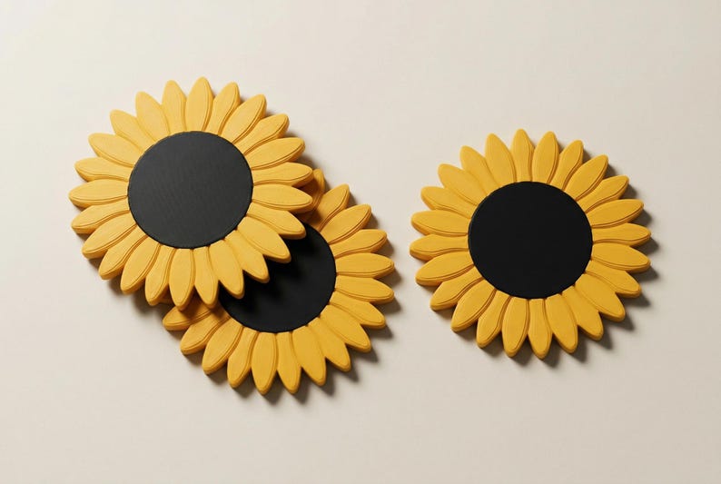 May include: Yellow sunflower-shaped coasters with black centers. The coasters are arranged on a light beige surface. The petals are a bright yellow, and the centers are a solid black. The coasters are a decorative item.