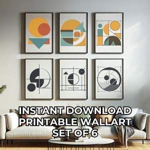 Modern Geometric Wall Art & Abstract Poster Bundle - Bohemian Home Decor Digital Download Set of 6 Boho Wall Collage Prints - Mid Century