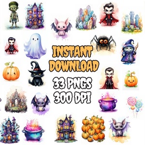 Watercolor Halloween Clipart Bundle - 33 PNGs, Spooky Clipart, Halloween Graphics, Pumpkin Clipart, Digital Download, Clip Art Set