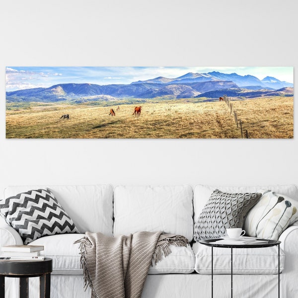 Horse Art Panorama Photograph / Horse Decor Photo or Canvas Print / Mountain Wall Art / Nature Photography / Horse Gift / Landscape Print