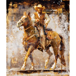 Cowboy Art Canvas Print from Original Oil Painting | Maverick Cowboy on Horse | Western Art Wall Decor | Cowboy Art Print | Brown and White