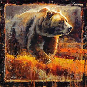 Grizzly Bear Canvas Print from Original Oil Painting | Colorful Bear Decor Fine Art | Large Wall Art Print | Wildlife Art