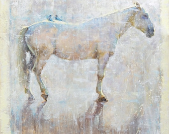 Horse Painting Print from Original Oil Painting | White Horse with Blue Birds | Contemporary Horse Wall Art | Horse Decor Fine Art