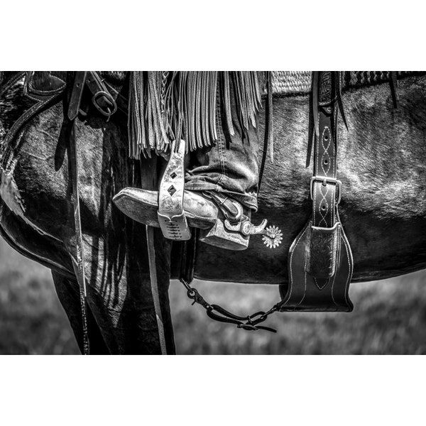Western Wall Art Photography Black & White Photo Print or Canvas Wall Art | Cowgirl on Horse | Silver Stirrup Closeup | Farmhouse Decor