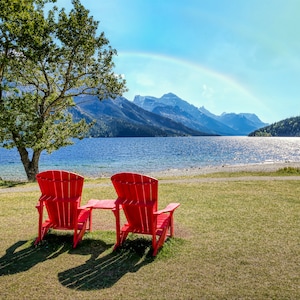 Mountain Lake Photography, Scenic Photo or Canvas Print, Couples Lounge Chairs, Red Adirondack Chairs, Rocky Mountains, Nature Wall Art