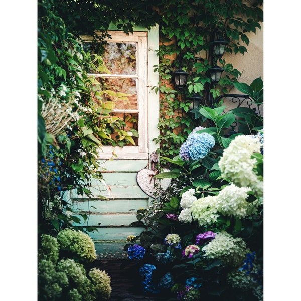 Country Garden Photograph Flower Print | Vintage Door in Beautiful English Garden with Hydrangeas | Photo Print or Canvas Wall Art