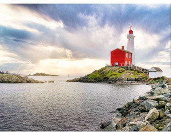 Lighthouse Photo Print, Coastal Wall Art, Scenic Seaside Photograph, Ocean Photography, Red and White Lighthouse Decor, Canvas Print