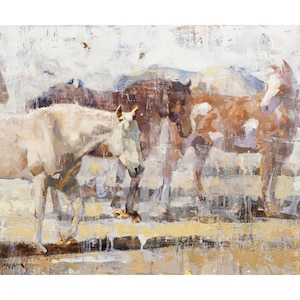 Horse Painting Canvas Print from Original Oil Painting | Contemporary Horse Art Wall Decor | Brown and White Horses | Modern Farmhouse Decor