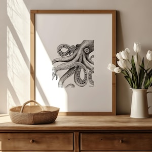 Impresión de pulpo vintage en blanco y negro, arte de pared náutico, ilustración de vida marina, bellas artes, decoración de animales del océano, regalo costero para el hogar para buceadores