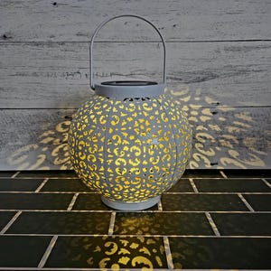 White Metal Solar Lantern with Handle | Patio, Garden & Tabletop Light | Outdoor Decorative Lantern with Warm Glow | Style 30