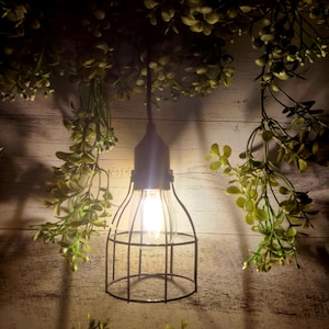 Puede incluir: Una bombilla enjaulada cuelga del techo, iluminando una pared de madera con un aspecto rústico y desgastado. La bombilla está rodeada de enredaderas verdes y frondosas, creando un ambiente acogedor y agradable.