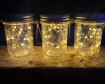 Solar Mason Jar Lanterns | Faceted Glass Jars | Solar Fairy Lights | 1 Lantern With Wire Hanger