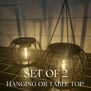 Set of 2 Solar Lanterns | Hanging Metal Cage Lights | Outdoor Garden & Patio Decor | Black Metal | Style 40