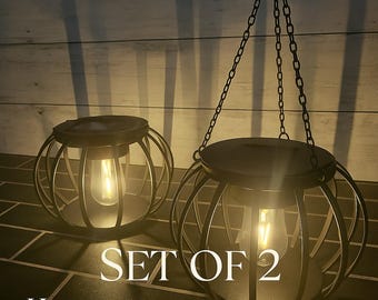 Set of 2 Solar Lanterns | Hanging Metal Cage Lights | Outdoor Garden & Patio Decor | Black Metal | Style 40