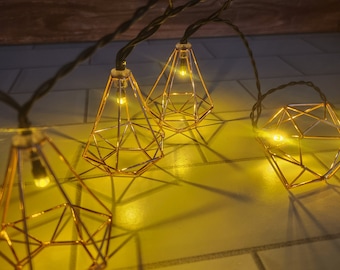 Solar String Lights | Outdoor Garden Decor | Patio Lights | Gold Geometric Lanterns