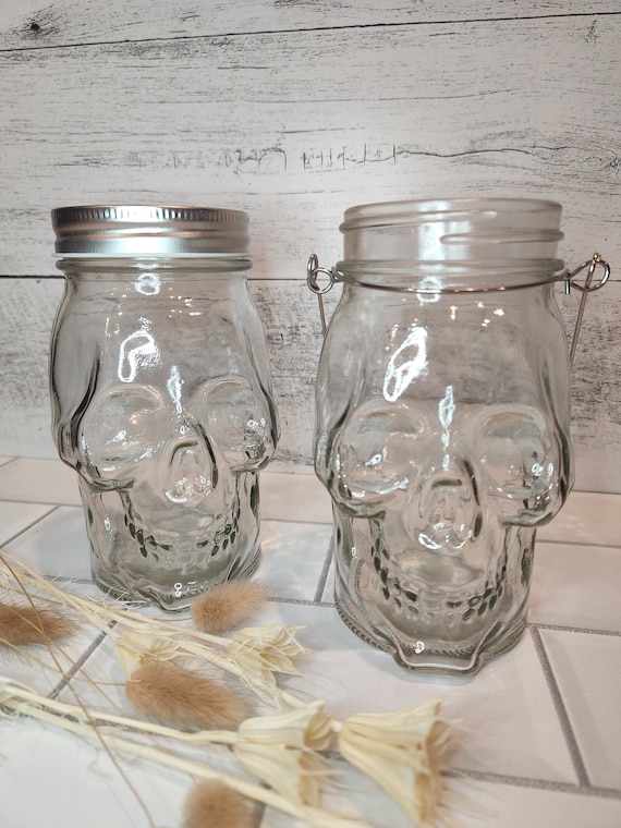 Glass Skull Jar | Halloween Decor | Gothic Vase | Fairy Light Lantern | Candy Holder