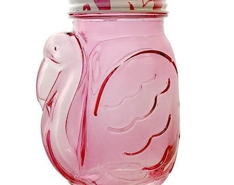 Pink Flamingo Jar – 18 oz | Choose Flamingo Lid or Solar Light Lid | Tropical Decor