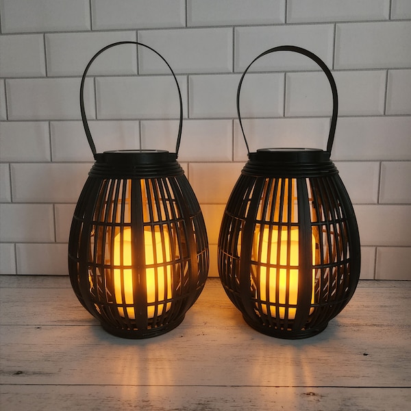 Set of 2 Black Solar Lanterns| Garden Decor | Porch Decor | Patio Decor | Solar Lights Outdoor | Yard Decor | Rattan Look | Style 2