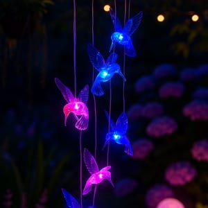 Solar Hanging Lights – Hummingbird or Butterfly | RGB Color-Changing | Set of 6 LEDs | Outdoor Garden Decor