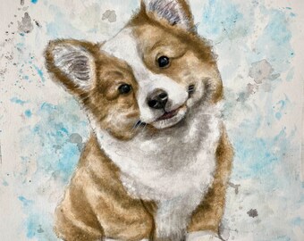 Puede incluir: Pintura a la acuarela de un cachorro corgi sonriente. El perro tiene pelaje marrón y blanco, con pecho y patas blancas. El fondo presenta salpicaduras y manchas de acuarela azules. La firma del artista está en la esquina inferior izquierda.