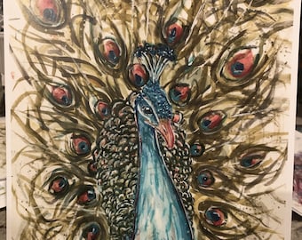 May include: Watercolor painting of a peacock with its tail feathers spread out. The peacock is blue and green with a brown and gold background. The painting is done in a realistic style.