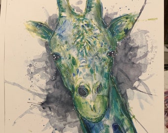 Signed “Green Giraffe” Art print | 8.5”x11” Original Art Print | Animal Art | watercolor painting