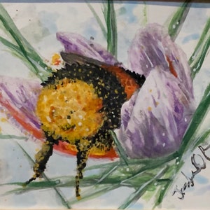 Signierter “Bumble Bee” Druck | 21 x 28 cm | Honigbiene Kunst | Original Kunstwerk | Lila Blumen Malerei Wand Kunst Kunstdruck | Botanische Gartenkunst