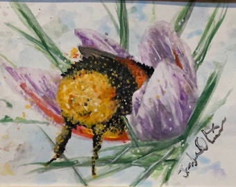 Signed “Bumble Bee” Print | 8.5 x 11 inch| Honey Bee Art | Original Artwork | Purple Flower Painting Wall Art Print | Botanical Garden Art
