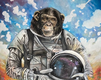 Signed Space Monkey Art print | 8.5”x11” Original Art Print | chimpanzee Art | Monkey Painting | Monkey Wall Art | Astronaut Painting